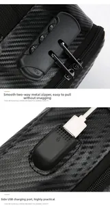 Détail du sac de poitrine avec serrure à code, port USB et fermetures éclair métalliques