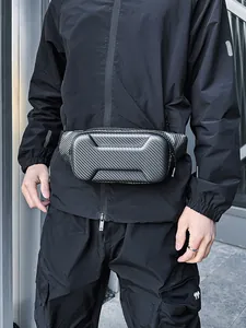 Close-up of black hardshell sling bag featuring anti-scratch carbon fiber texture