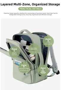 Detail showing various compartments of the mint green laptop backpack for storage