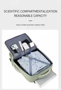 Detail view of expandable travel backpack interior with organized compartments for electronics