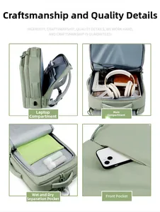 Detail view of laptop pocket, main compartment and wet/dry separation inside light green bag