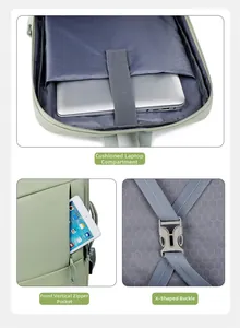 Detail of padded laptop compartment, front zipper pocket and X-shaped clothing strap