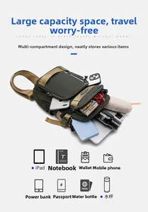 Detail view of the green crossbody bag showing large capacity for notebook and power bank