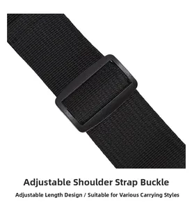 Detail of adjustable black nylon shoulder strap with plastic buckle for hard shell chest bag