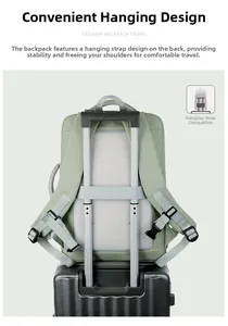 Sage green backpack with trolley sleeve detail and breathable mesh padding