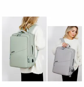 Detail view of water-resistant business backpack with side USB port and dual color options