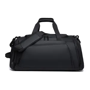 Black high-capacity fitness travel bag with shoe compartment and waterproof material