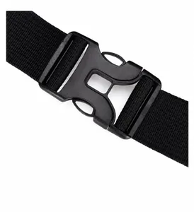Detail of durable black plastic side-release buckle with nylon webbing for men chest bag