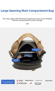 Detail view of khaki tactical chest bag with large zipper opening and internal compartments