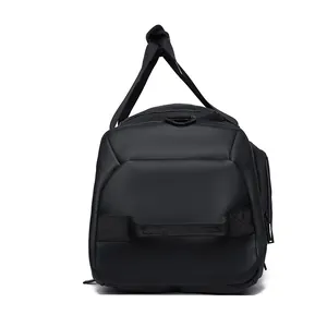 Black fitness travel bag with separate shoe compartment and adjustable shoulder strap