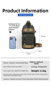 Detail view of army green oxford sling bag showing storage capacity for 11 inch iPad