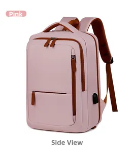 Detailed side view of pink travel backpack featuring external USB charging port