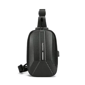 Men Hard Shell Chest Bag Carbon Fiber Texture Anti Theft Password Lock USB Charging Port Sport Crossbody Shoulder Bag