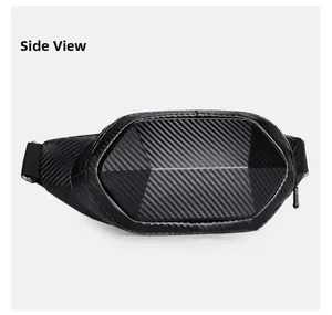 Close-up of the carbon fiber texture on the geometric hardshell men's crossbody bag