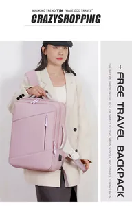Pink travel laptop backpack featuring external USB charging port and side carry handle