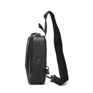 Men's polyhedron hard shell shoulder bag with carbon fiber texture and USB charging port