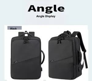 Detailed views of a black waterproof business laptop backpack with side handle and sleek design