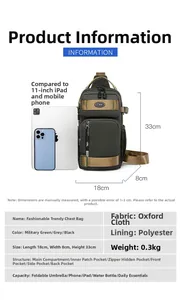 Detailed size chart for men's oxford chest bag with 11-inch iPad for scale