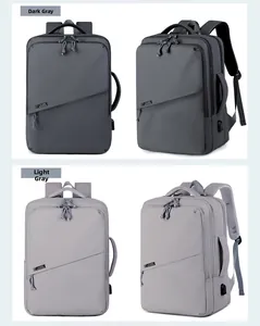 Detail view of business backpacks in dark and light grey with USB ports and sleek design