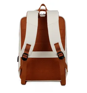 Breathable mesh back panel and white padded adjustable straps of travel backpack
