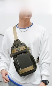 Detailed view of army green outdoor chest bag with durable nylon material and sport logo
