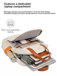 Interior layout of beige canvas backpack showing laptop pocket and multiple compartments