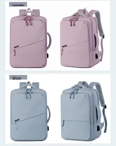 Detail of travel backpack showing taro purple and blue colors with built-in USB port