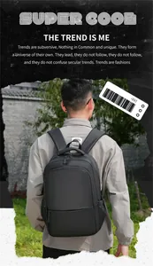 Close-up of black water-resistant commuter backpack with large capacity and front zipper pocket