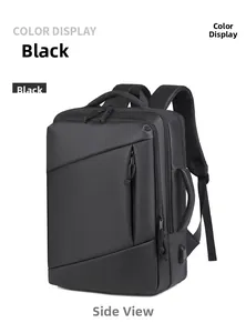 Detail view of water-resistant black travel backpack with USB port and side handle