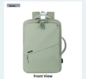 Front view of a slim green business laptop backpack with diagonal zipper pocket detail