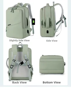 Multi-angle view of green laptop backpack featuring USB port and breathable mesh back