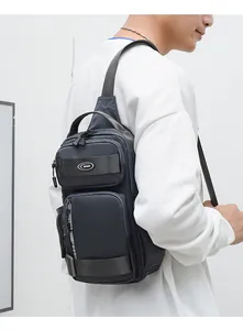 Detail of waterproof oxford chest bag with multiple zipper pockets and side strap