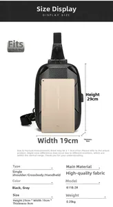 Detailed size chart for waterproof crossbody bag showing 29x19x9cm dimensions and iPad capacity