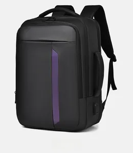 Detail view of water-resistant business backpack with side USB port and purple stripe