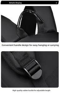 Détail de la poignée robuste et de la boucle réglable sur le sac à dos d'affaires noir