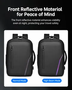 Detail of laser reflective strip on black business backpack in normal and bright light