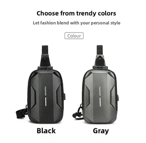 Detailed comparison of black and grey chest bags with carbon fiber texture and USB port