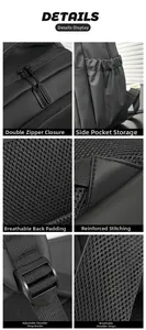 Detailed views of waterproof laptop backpack featuring breathable back padding and zippers