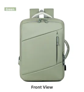 Front view of green expandable travel backpack featuring a built-in USB charging port