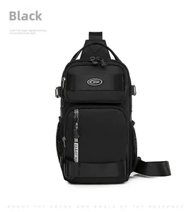 Detail view of water-resistant oxford chest bag with SPORT logo and mesh side pocket