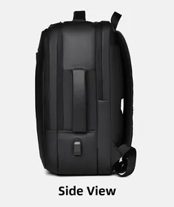 Side view of black business backpack showing USB charging port and dual zipper closure