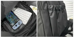 Detail of spacious interior with striped lining and elastic side pocket for water bottles