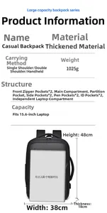 Detail view of large business laptop backpack showing dimensions and internal storage capacity