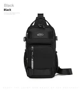 Detail view of black nylon sling bag with multiple zip pockets and sport branding