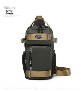 Macro detail of Army Green tactical chest bag with heavy-duty zippers and side mesh pocket