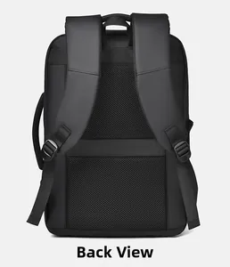 Ergonomic breathable mesh back and luggage strap detail on a black business backpack