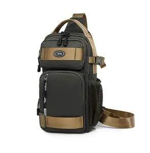 Detailed macro view of olive green tactical chest bag featuring ripstop nylon and side mesh