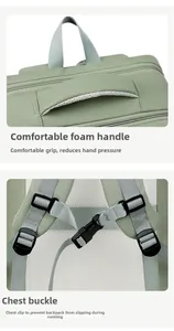 Detail of light green travel backpack with foam handle and adjustable chest buckle