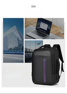 Detail of waterproof business backpack with purple trim and side handle and USB charging port