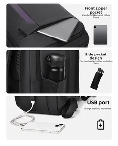 Detail of waterproof business backpack with USB charging port and functional front pockets